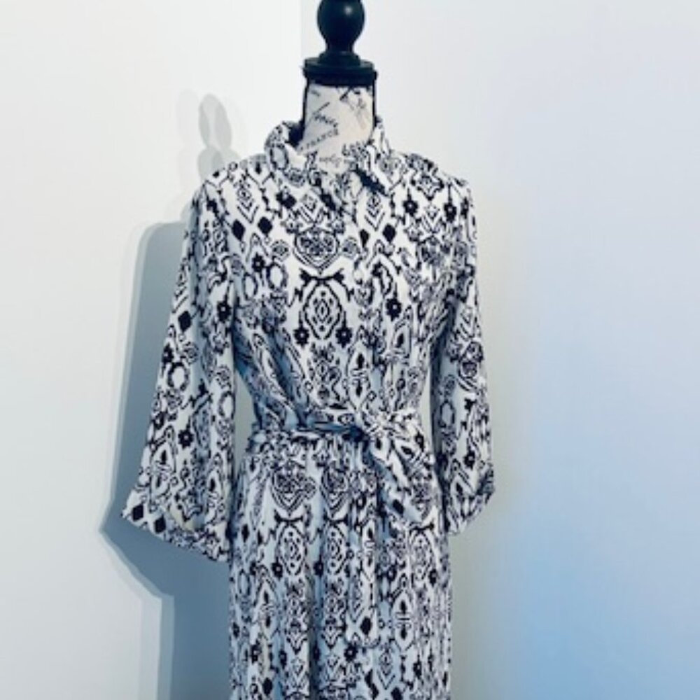 Jessica Simpson - Black & Cream Batik-patterned Belted Shirtdress - Ladies Sz M